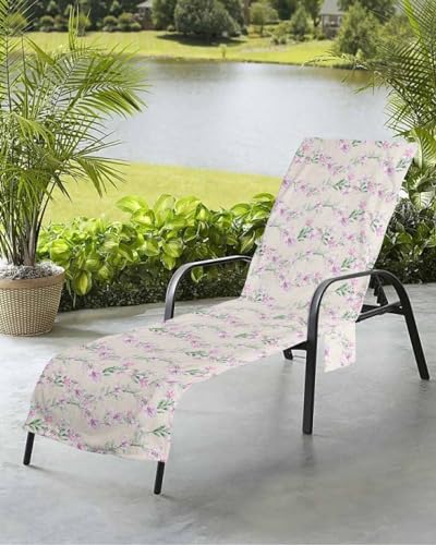Pink Flower Beach Chair Towel Covers for Chaise Lounge with Side Pocket, Soft Plush Pool Towels Cover for Patio Sunbathing Outdoor 29''x85'' Sage Green Leaves Farmhouse Botanical Herb