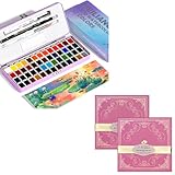 MEI LIANG 52 Colors Travel Watercolor Paint Set (Purple Case) And Paul Rubens 5.5 x 5.5 Inches Organ Style Watercolor Paper, 140lb/300GSM 50% Cotton Hot Pressed Pack of 2 (14 Sheets)