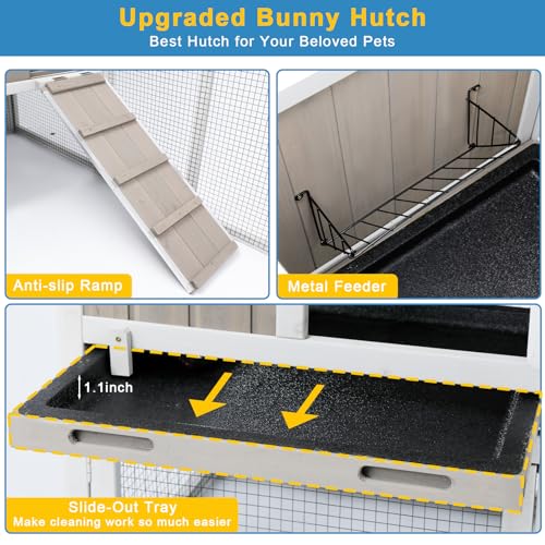 Ketive 48" L Rabbit Hutch Outdoor Indoor Bunny Hutch Weatherproof, 2-Story Wood Rabbit Cage with Deep Tray, Chew-Resistant Ramp, UV Roof, Bunny House for Small Animal, Expandable Guinea Pig Cage - Image 4