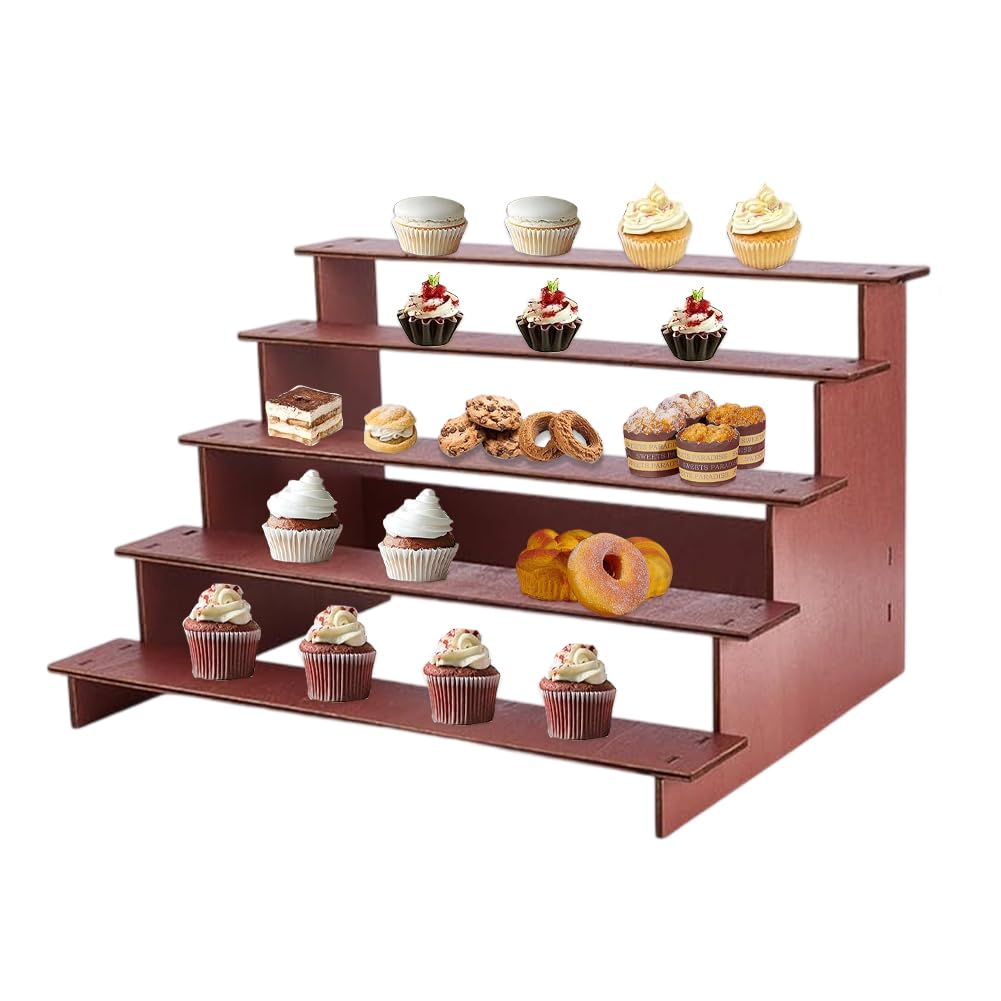 UNICRAFTALE Espositore per cupcake in legno a 5 ripiani, in stile rustico, per alimenti, dessert, espositori da tavolo, 39,5 x 30 x 23,8 cm