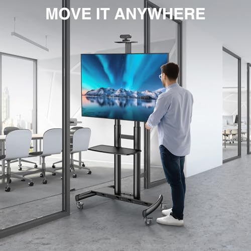 PERLESMITH Mobile TV Stand for 55-90 Inch Flat/Curved Screen TV Max VESA 800x500mm Outdoor TV Cart with Height Adjustable AV Shelf- UL Certificated Rolling Floor TV Stand Holds up to 200Lbs (PSTVMC07)