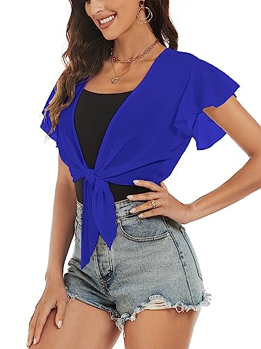 Image of ZAFUL Women's Chiffon Cropped Bolero Sheer Shrugs for Dress Short Sleeve Tie Front Cardigan