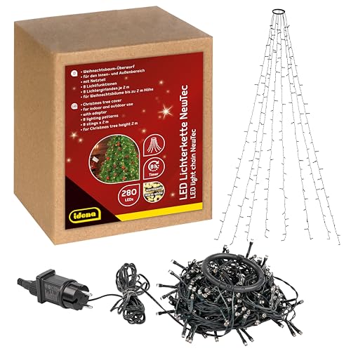 Idena 31108 - NewTec luci fiabesche a LED per interni ed esterni con 280 LED in bianco caldo, albero di Natale con 8 corde, 8 impostazioni di luce, alimentatore e funzione timer di 8 ore
