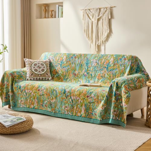 Image of VANJOROY Boho Throw Blanket, 100% Organic Cotton Breathable Skin-Friendly Ultra Soft 80 inch x 90 inch Bed Quilt Green Leaf Throw - Floral Rustic Luxury Reversible Blanket for Sofa Couch Chair and Gift,