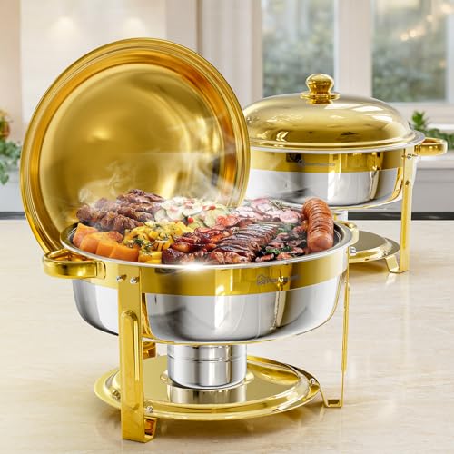 WARMOUNTS 6L Chafing Dish Buffet Set with Lid 2 Pack - Round Food Warmer for Catering, Stackable Food-Grade Stainless Steel Chafer for Events