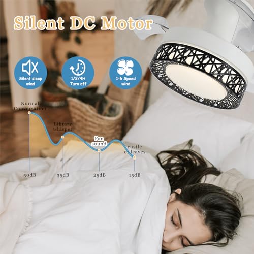 Ventilatore da soffitto con pale retrattili e luce, dotato di telecomando - Ventilatore a LED DC silenzioso a 6 velocità, piccolo, ideale per camera da letto, dimmerabile tramite app, con funzione re