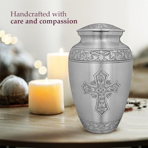 Image of Trupoint Memorials Cremation Urns for Human Ashes, Funeral Memorial Urn for Male and Female, Decorative Burial Metal Urn Collection for Adult Men & Women - Silver Cross, Adult (200LB)