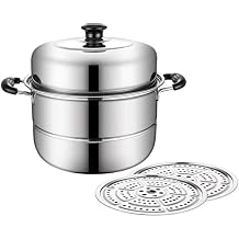 Induction Compatible Steamer, 3-Tier, Stainless Steel, Commercial Use, Home Use, Deep Pot, Waterless Cookware Compatible with Soup Pot/Steamer Bread, Large Capacity, Healthy Cooking, Japanese, Chinese Cuisine, Kitchen Supplies, Non-Stick Diet, Dishwasher Safe, Insulated Handle 14.2 inches 36 cm, 2 Tiers