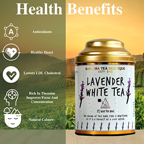 Image of Sancha Tea Boutique, Combo Pack: Chamomile Herbal Tisane (50g) & Lavender White (25 Pyramid Bags), Pure Silver Needle Leaves, Calming & Relaxing Floral Infusions