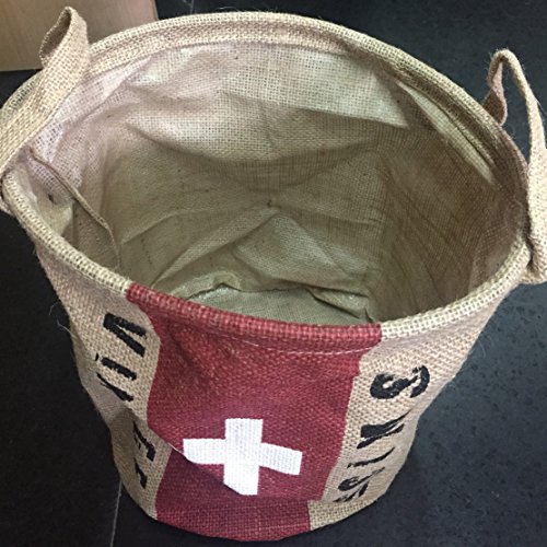 Coralpearl Burlap Woven Storage Basket Collapsible Vintage, Round Jute Food Toy Bucket Organizer With Handles, Small Linen Patriotic Decor Bin For Shelf Table Desk Top, 9.5" D. X 12" H (Swiss Flag) #TOP3