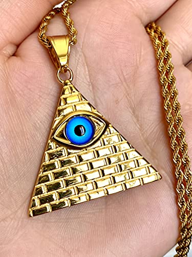 Egyptian Pyramid Necklace – 14k Gold Finish Triangle Evil Eye Pendant with 3mm Rope Chain, Stainless Steel Iced Jewelry for Men & Women4