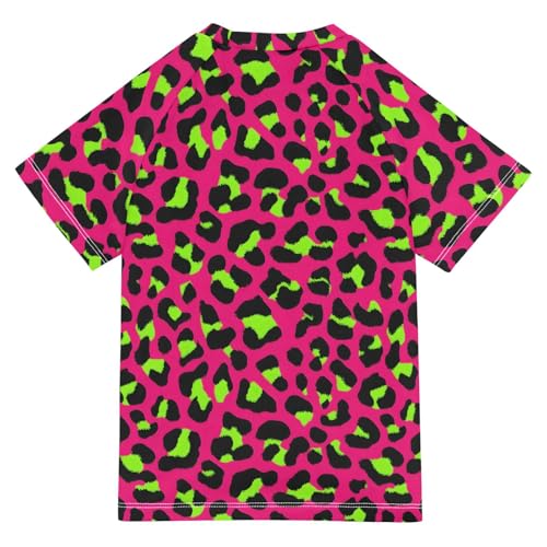 ALAZA Kids Rash Guard Girls Boys Toddler Swim Shirts Short Sleeve Leopard Hot Pink Green UPF 50+ 3T2