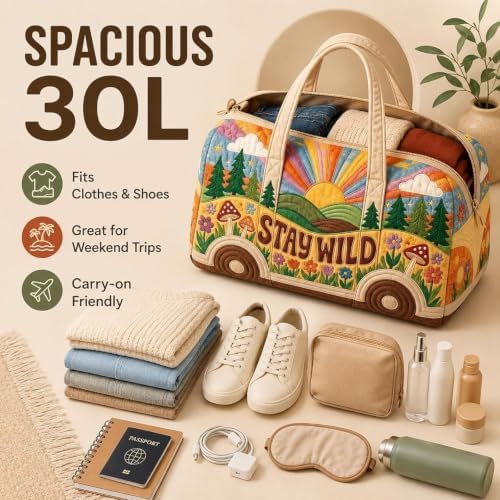 2026 New Hippie Van Quilted Duffle Bag, Boho Weekender Travel Bag, Unisex Hippie Bus Travel Tote Bags, for Everyday Travel (Style-U, Large (18"x9"x9")) — view 2