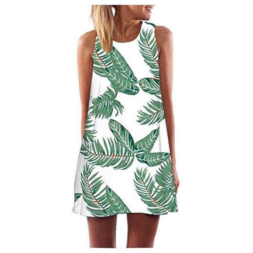Ocean Plus Mujer Verano Flamenco Camisola Vestido De Playa Top Sin Mangas Trapecio O Corte En A Vestido Oeste (L (EU 38-40), Hojas Verdes sobre Blanco)