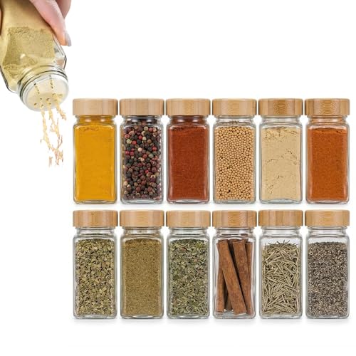 Kit 12 Pote Porta Tempero de Vidro Tampa de Bambu Organizador Tempero Luxo 120ml Transparente
