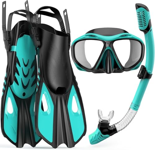 Mask Fin Snorkel Set with Adult Snorkeling Gear, 180° Panoramic View Diving Mask, Trek Fin, Dry Top Snorkel, for Swimming, Snorkeling and Travel Diving