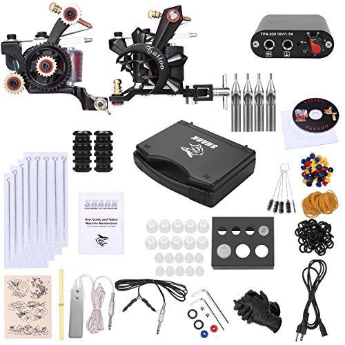 Shark Complete Pro Tattoo Kit 2 Machines Gun with Plastic Carry Case Power Supply Needles Grips Tips