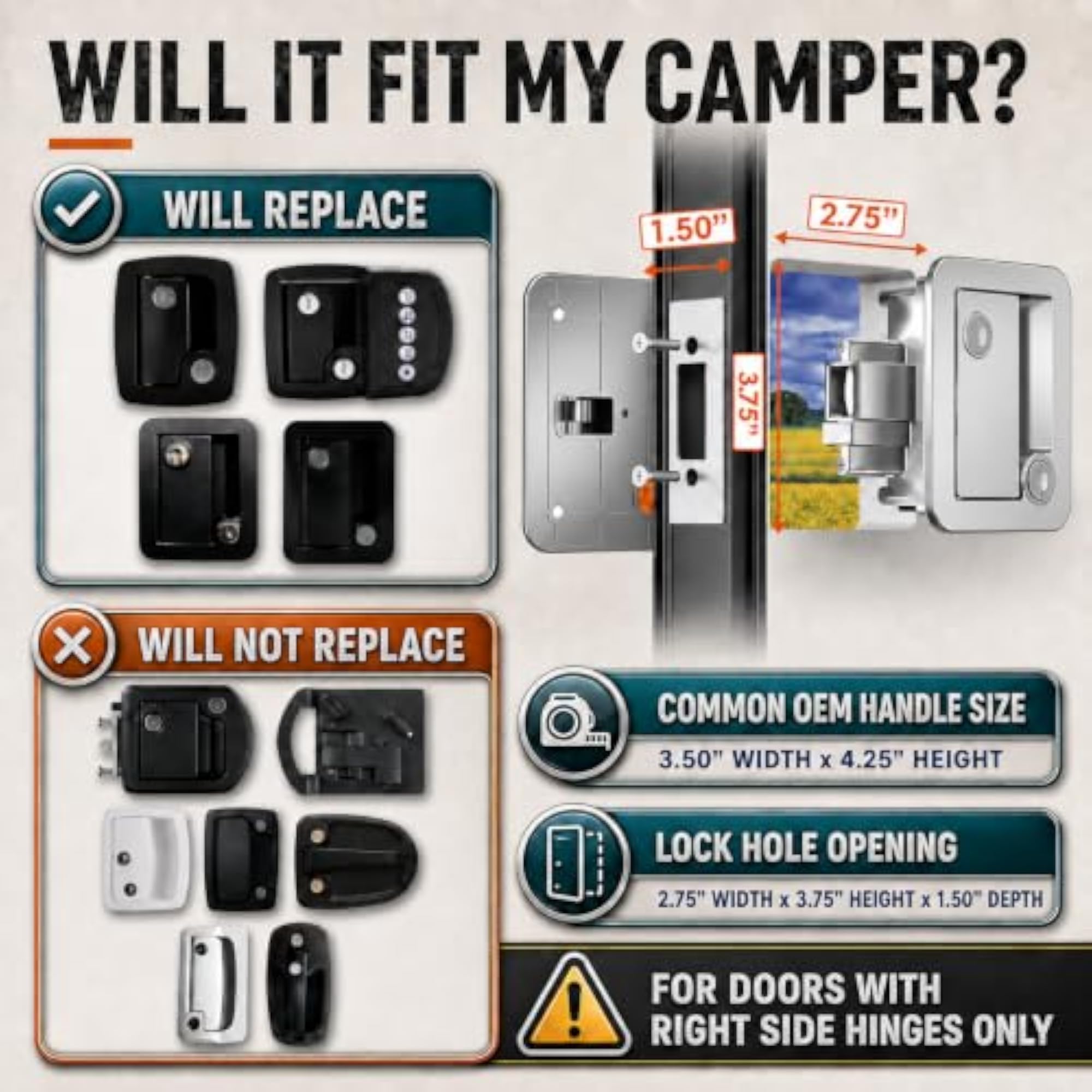 RV Door Lock Replacement, Fits 2.75x3.75x1.50 Lock Holes