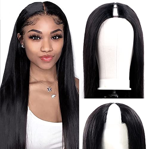 Amznlady V Part Wigs Straight Brazilian Virgin Human Hair Wigs for Black Women Upgrade U Part Wigs Glueless Full Head Clip In Half Wig V Shape Wigs No Leave Out Lace Front Wigs 150% Density Natural Color (16 Inch, v part wigs)