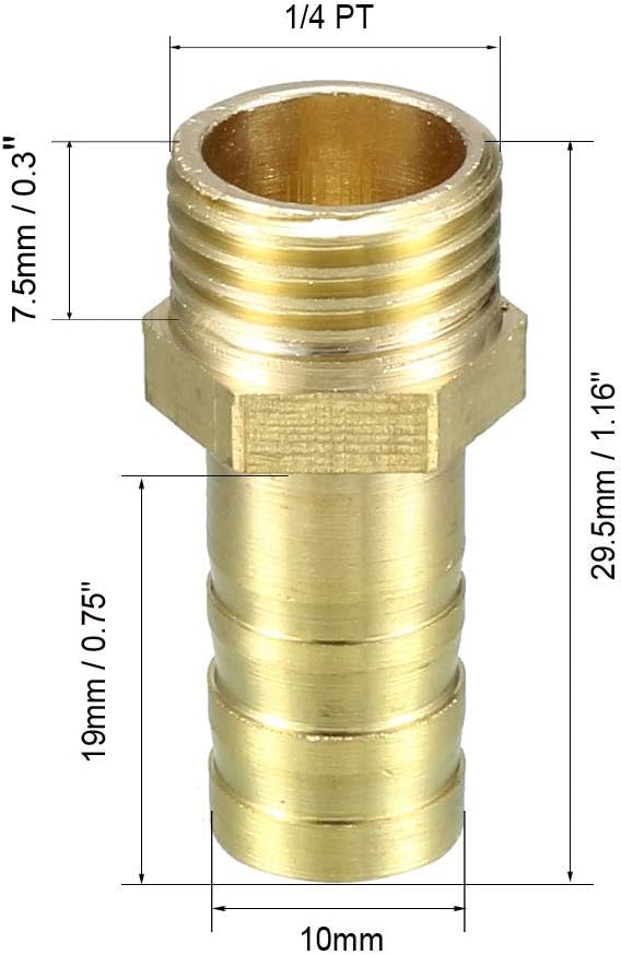 sourcing map Brass Barb Hose Fitting Connector Adapter 10mm Barbed x 1/4 PT Male Pipe 5pcs, Gold - Image 3