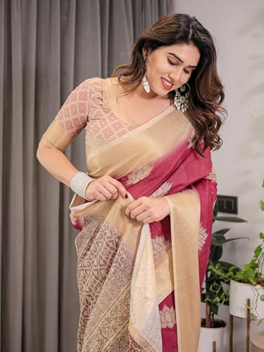 Image of ALMAARI FASHION Handloom Cotton Saree, Pink and Beige with Lotus Motifs, Silver Zari Border, 5.5 Metres