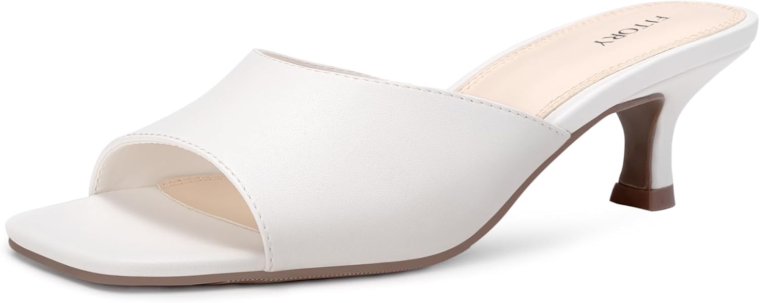 FITORY Womens Kitten Heel Sandals, Square Open Toe Slides with Elastic Strap, Slip-on Dressy Shoes for Daily and Vacation Size 6-11