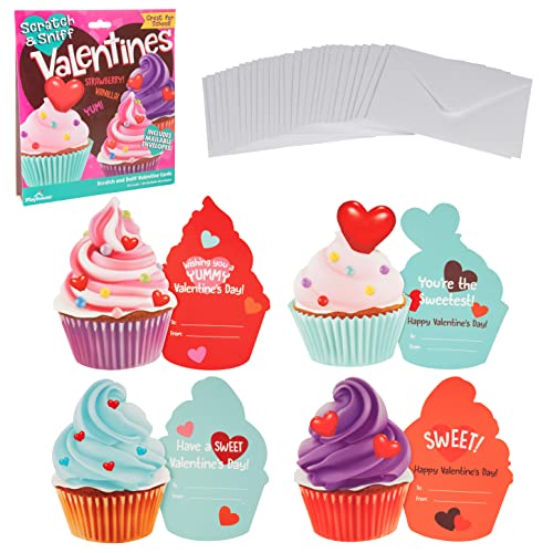 Playhouse Scratch & Sniff Cupcakes Valentine's Day Card Set for Kids, 28 Card Pack & Envelopes - Vanilla & Strawberry Scented - Great for School Classroom Exchange Parties - Girls & Boys ages 4+