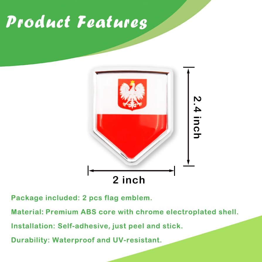 Newperlite Poland Flag Decal Sticker Car Emblem Polish Flag Car Decoration Accessories Chrome Shield for Truck Vehicles Cars, 2 Pack - Image 2
