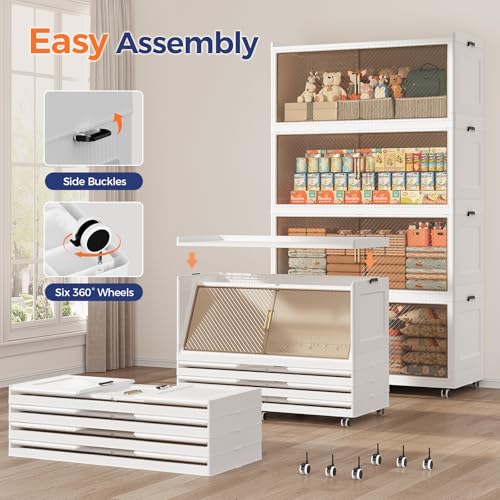 Image of 240 Gallon Extra Large Collapsible Storage Bin with Lid, 960QT Stackable Plastic Organizer with 6x Wheels, Foldable Drawer Cabinet for Closet, Living Room Office, Kitchen 3Pack, White