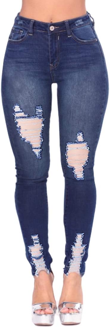 Womens High Waist Distressed Ripped Skinny Jeans Butt Lift Super Comfy Stretch Distressed Ripped Denim Pants (11, Dark Blue)