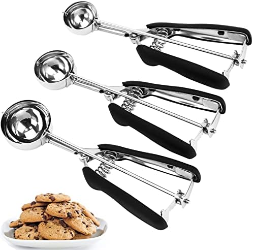 Cookie Scoop Set, 3Pcs Ice Cream Scoop, Cookie Scoops for Baking Set of 3, 18/8 Stainless Steel Cookie Scooper for Baking, Ice Cream Scooper with Trigger Release, Cookie Dough Scoop with Non-slip Grip
