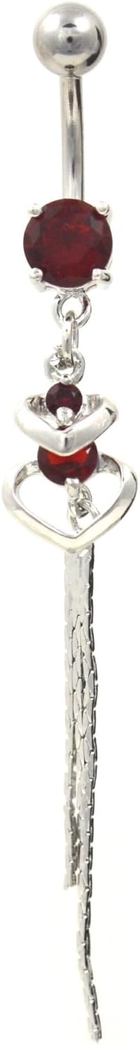 Two Heart & Three Chains Belly Button Piercing Jewelry w/Red CZ Gems - 14G 3/8"