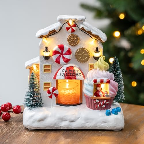 ZQQLITE 8'' Musical Christmas Decorations with Candy Factory, Revolving Christmas Village House Multicolored Lights for Home Tabletop Decorative, Xmas Decor Gift