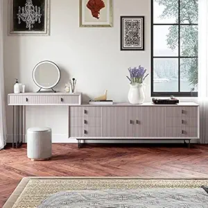 Vandana Interiors Modern Makeup Vanity with TV Stands, L-Shaped Vanity Desk with Solid Wood Cabinet, Gray Stool, LED Light Mirror, for Bedroom,