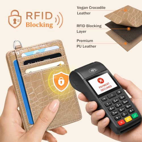 Image of Coco Rossi Crocodile Wallet Women Slim Credit Card Holder with Keychain | Luxury Wallets, Alligator Print, RFID Blocking, ID Case, Small Minimalist, Womens Girls Gift, Khaki Croc