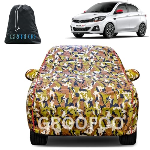 Image of GROOFOO Car Cover Compatible with Tata Tigor | Camouflage, Waterproof, Dustproof, UV Protection | Military Jungle Design | Custom Fit, Triple Stitched | All Weather Body Cover