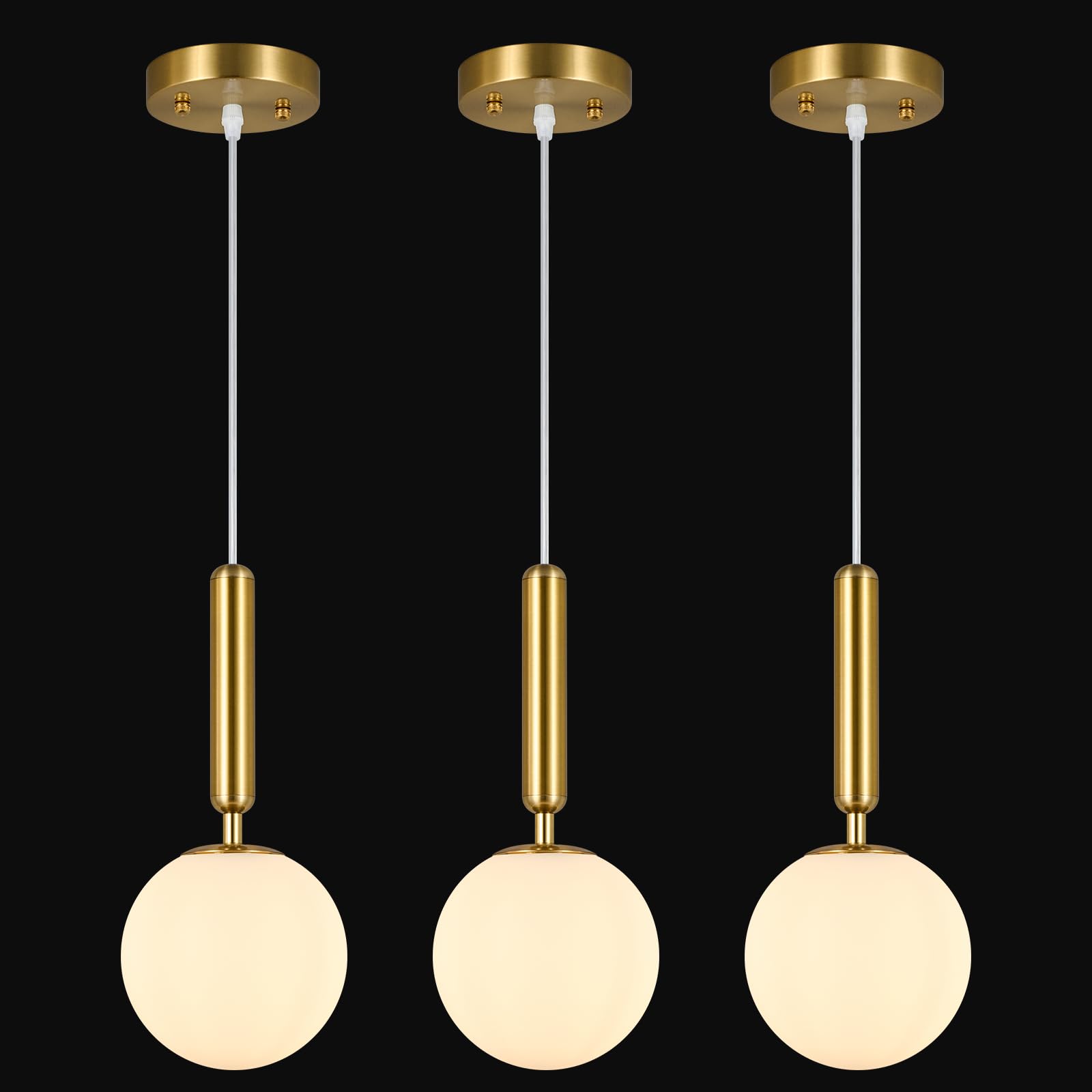 FDPBY Modern Hanging Light Fixture Pendant Lighting for Kitchen Island Mid Century Gold Pendant Lights with Globe Milky White Glass Pendant Light for Bedroom Bathroom Entryway (3 Pack)
