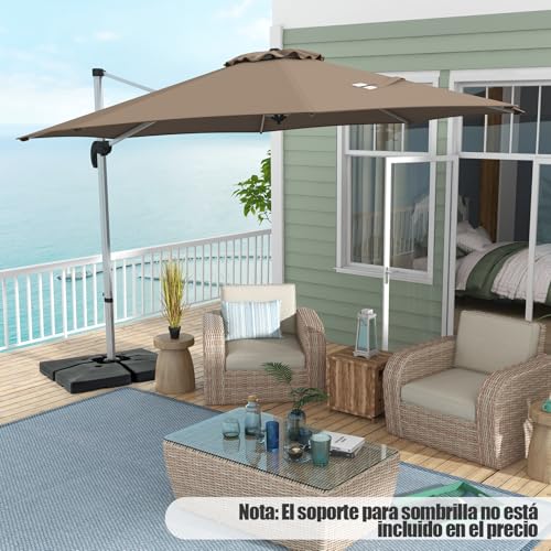 COSTWAY Sombrilla Terraza Exterior con Base 3.39x3.39m, Parasol Jardin Excentrico, Rotación de 360°, Inclinación Ajustable, Guarda Sol Jardin Exterior, Manivela y Base en Cruz (café) - imagen 9