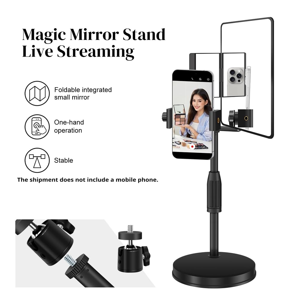 Soporte de Escritorio Redondo para Teléfono Móvil, Ideal para Transmisiones en, con Espejo, Cámara Trasera y Soporte para Selfies.