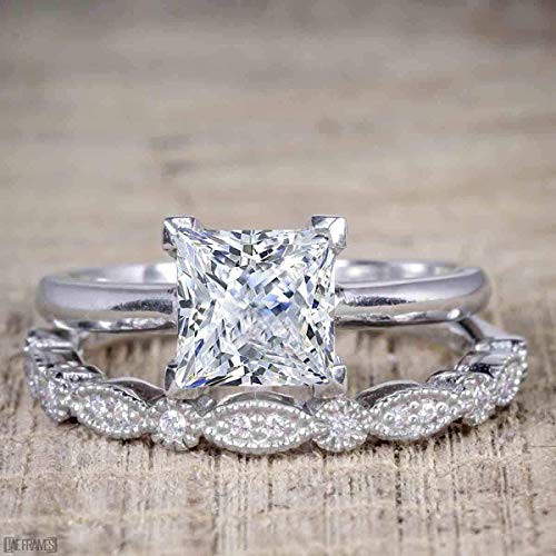 1.50 Carat Moissanite And Diamond Trio Bridal Ring Set In 10K White Gold #TOP2
