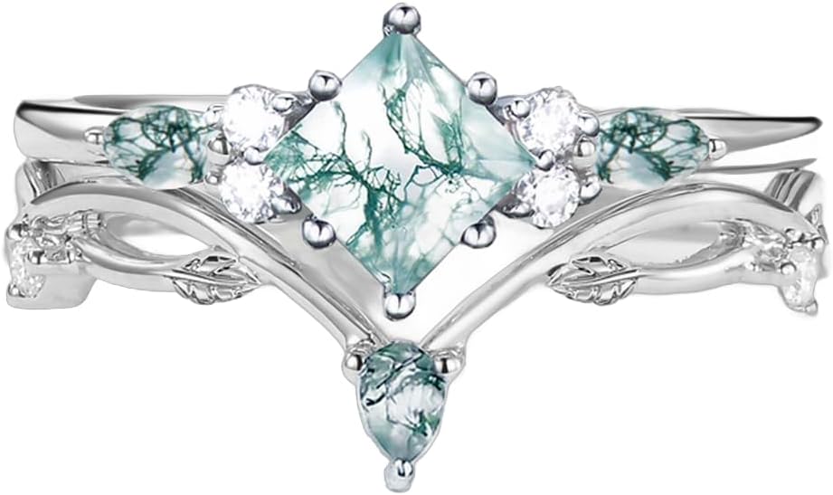 Moss Agate Wedding Ring Set S925 Sterling Silver 10K/14K/18K Gold Personalized Unique Engagement Moss Agate Ring Set for Women Wife(White/Black)