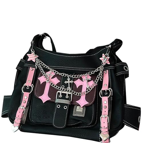 Sac Y2k en cuir PU noir style punk gothique avec grande bandoulière réglable pour femme