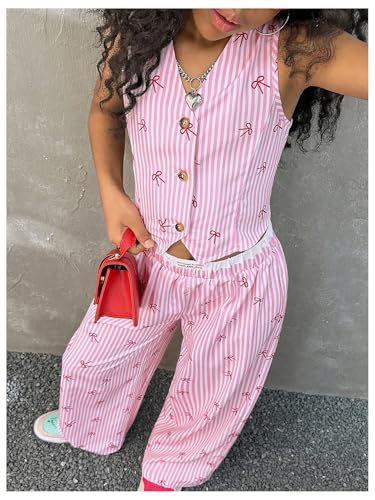 Image of Floerns Girl's 2 Piece Outfits Elegant Striped Sleeveless Suit Vest & Long Elastic Casual Pants Set