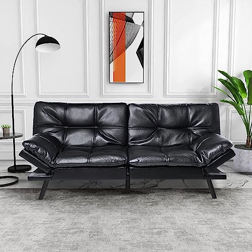 Iululu Futon Bed, Faux Leather Loveseat Sofas, Modern Convertible Sleeper Couch With Adjustable Armrests For Studio, Office, Apartment, Compact Living, Overnight Guests, Black #TOP5
