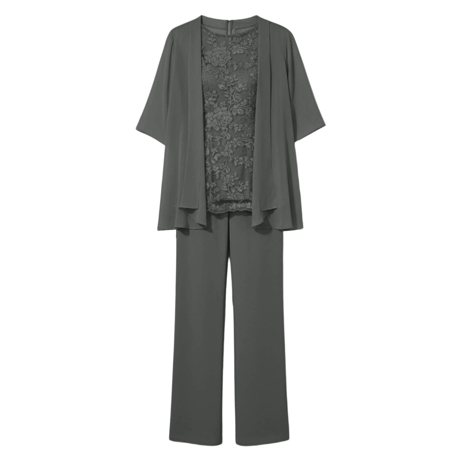 Generisch Tuta da donna in 3 pezzi, per il tempo libero, elegante, in pizzo, a maniche lunghe, cardigan e pantaloni, in chiffon, per matrimonio, cocktail, abito da sera