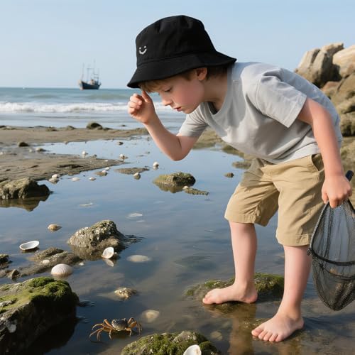 O-Kinee Sonnenhut Kinder,Anglerhut mit Lächeln Mädchen,Fischerhut Faltbar,Sommerhut Outdoor für Mädchen und Jungen,Doppelseitiger Bucket Hat für Kinder von 2–8 Jahren,Blau und Schwarz