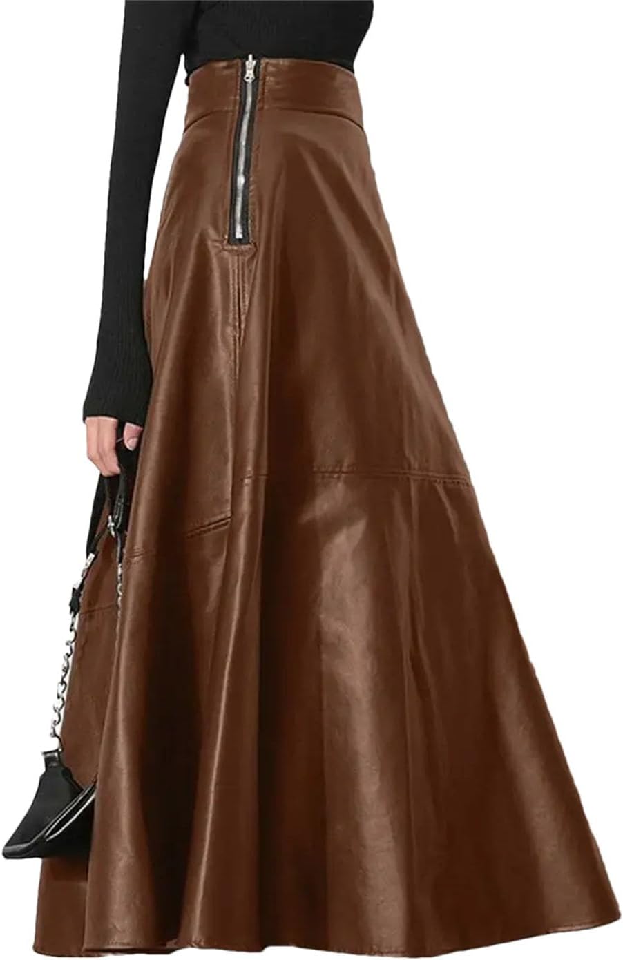 Women's PU Leather Skirt High Waist Zipper Elegant Long Skirt