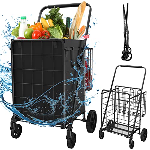 Jumbo Shopping Cart for Groceries, Upgraded Folding Shopping Cart with Waterproof Liner, 360Â° Rolling Swivel Wheels and Double Baskets, Heavy Duty Grocery Cart for Shopping Laundry-Hold Up to 310 LBS