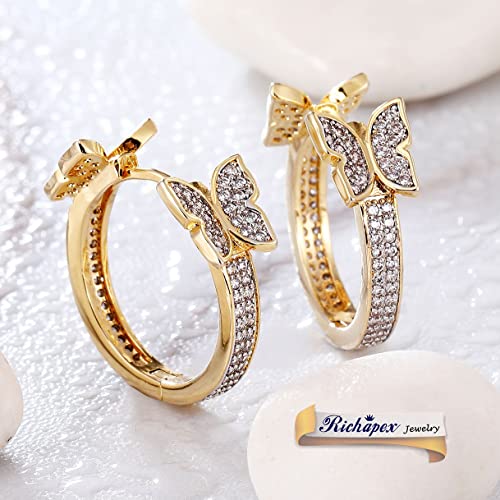 Brass, Richapex Butterfly Hoop Earrings For Women Small Gold Hoop Earrings Dainty Hypoallergenic Huggie Hoop Earrings With Cubic Zirconia #TOP3
