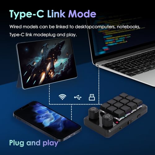 Image of Macro Pad Macro Keyboard Programmable Keypad Customized 12-Key Mini Mechanical Gaming Keyboard One Handed Keyboard RGB OSU Micro Keyboard Macropad Knob Wireless Receiver&Type C 1m Cable(Black)